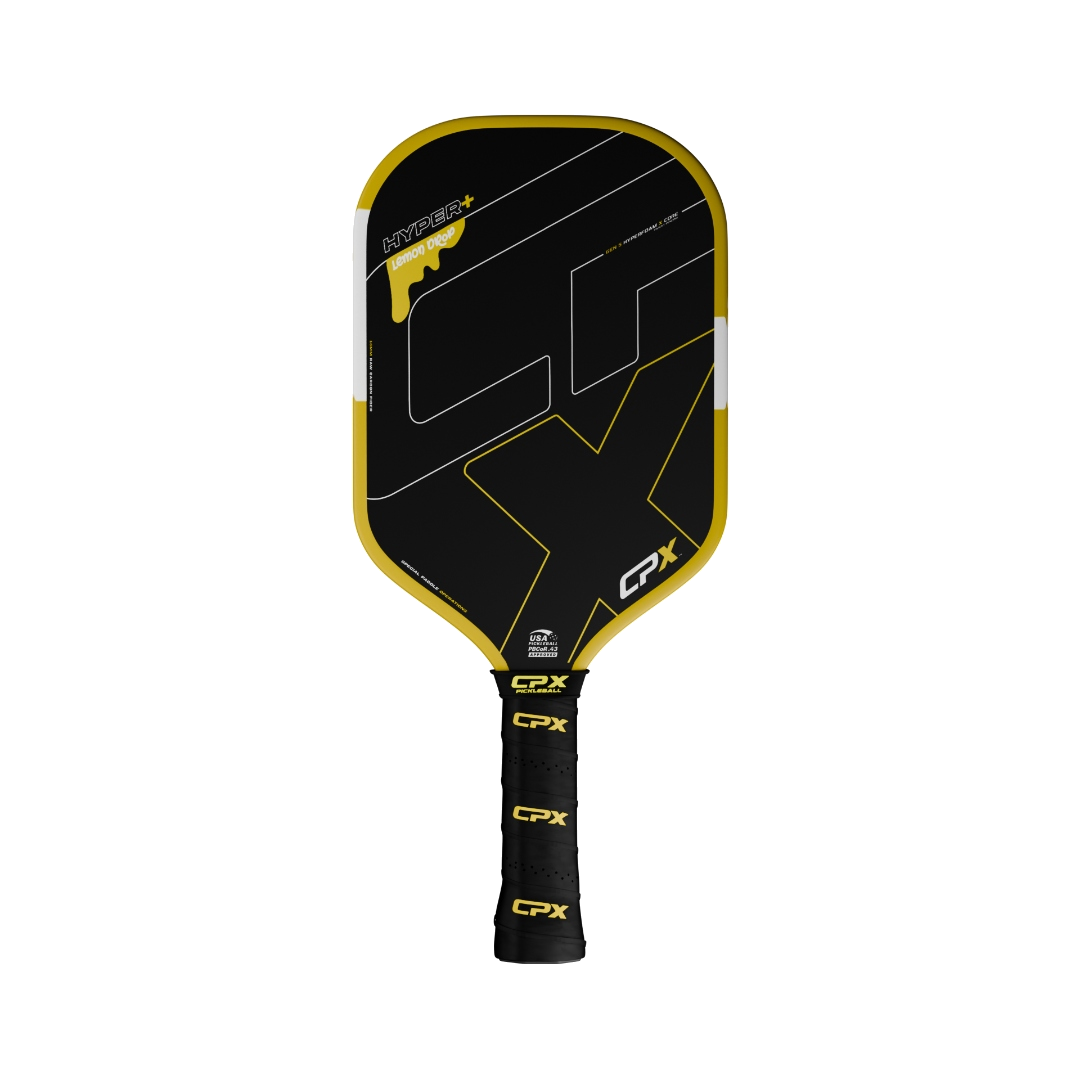 CPX Lemon Drop Pickleball Paddle — black paddle with yellow lemon-drop edge guard and graphics, CPX branding, USA Pickleball Approved